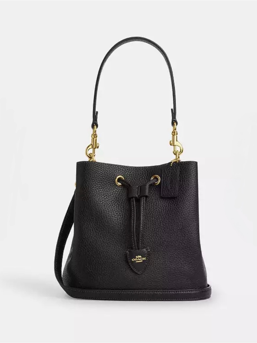 Coach Black Pebbled Leather Drawstring Bucket Shoulder Bag with Gold Hardware